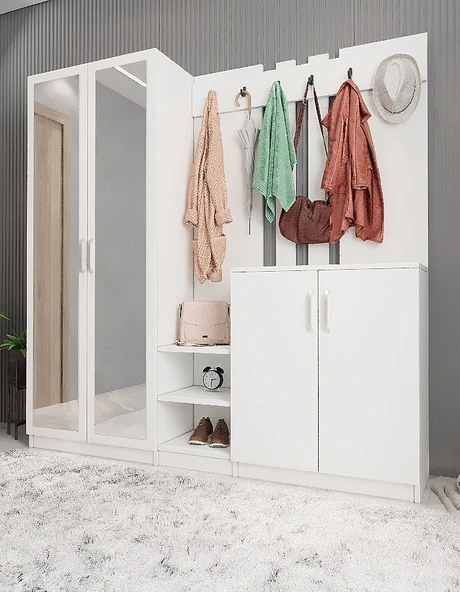 Zerka concept Flora Aynalı Portmanto Vestiyer- Beyaz 225 cm ürün görseli 1