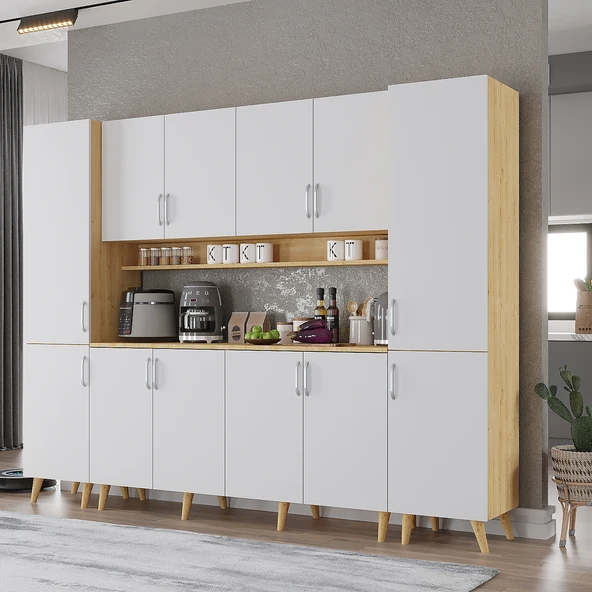 Zerka concept Della Kahve Köşesi Çok Amaçlı Dolap Kiler Mutfak Dolabı Meşe Beyaz 240cm Meşe - Beyaz ürün görseli 1