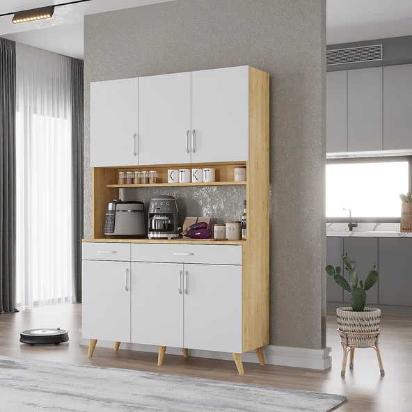 Zerka concept Maya Kahve Köşesi Çok Amaçlı Dolap Kiler Mutfak Dolabı Meşe Beyaz 105cm Meşe - Beyaz ürün görseli 1