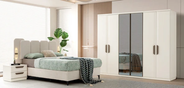 Zerka concept Floransa Mdf Membran 6 Kapaklı Gardırop Ve Yatak Odası Takımı Baza Hariç Başlık Dahil Beyaz ürün görseli 1