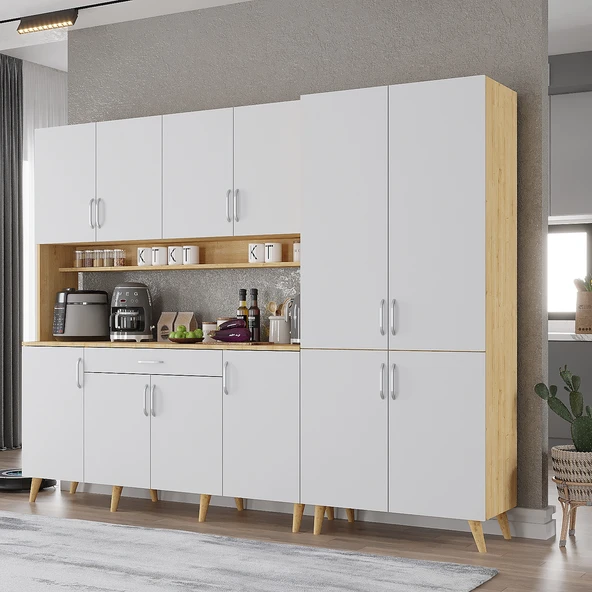 Zerka concept Gale Kahve Köşesi Çok Amaçlı Dolap Kiler Mutfak Dolabı Meşe Beyaz 240cm Meşe - Beyaz ürün görseli 1
