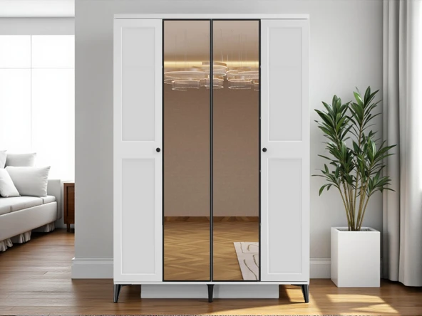Zerka concept Tomris 4 Kapaklı Çekmeceli Mdf Membran Dolap Reflekte Cam Gardırop Beyaz ürün görseli 1
