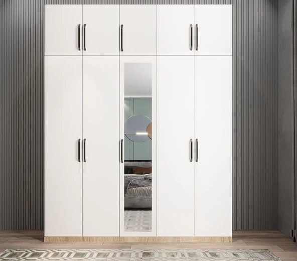 Zerka concept Soft 10 Kapaklı Yüklüklü Gizli Çekmeceli Gardırop Dolap Meşe Beyaz 225 Cm Meşe - Beyaz ürün görseli 1