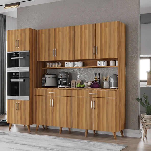 Zerka concept Lora Kahve Köşesi Çok Amaçlı Dolap Kiler Mutfak Dolabı Ceviz 220 Cm Ceviz ürün görseli 1