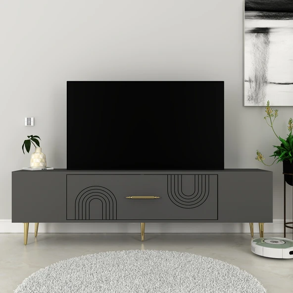 Zerka concept Valeria Tv Sehpası Tv Ünitesi 150 Cm Antrasit Altın ürün görseli 1