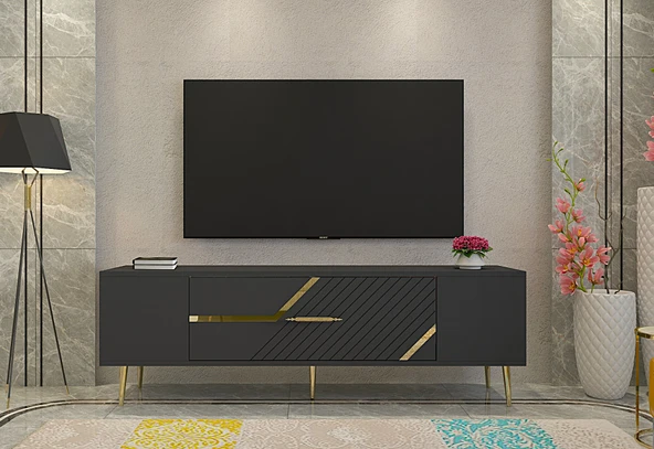 Zerka concept Ufa Tv Sehpası Tv Ünitesi 150 Cm Antrasit Altın ürün görseli 1