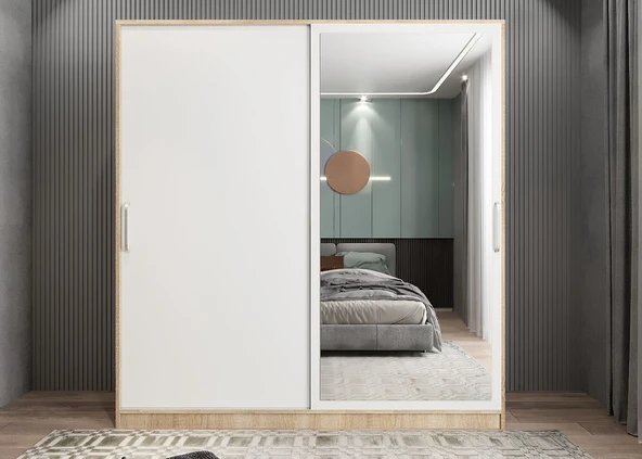 Zerka concept Star Sürgü Kapaklı Gizli Çekmeceli Dolap Gardırop Meşe Beyaz 180 Cm ürün görseli 1