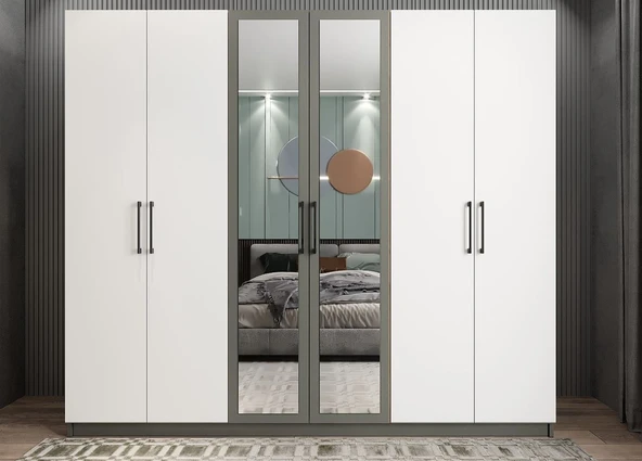 Zerka concept Alessi 6 Kapaklı Dolap Gardırop Füme Beyaz - Montaj Dahil ürün görseli 1