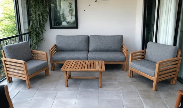 Zerka concept Valeri Masif Ahşap Bahçe Balkon Koltuk Takımı Kestane Ağacı - 1 Adet İkili 2 Adet Tekli Ve Sehpa Gri Minderli Gri ürün görseli 1