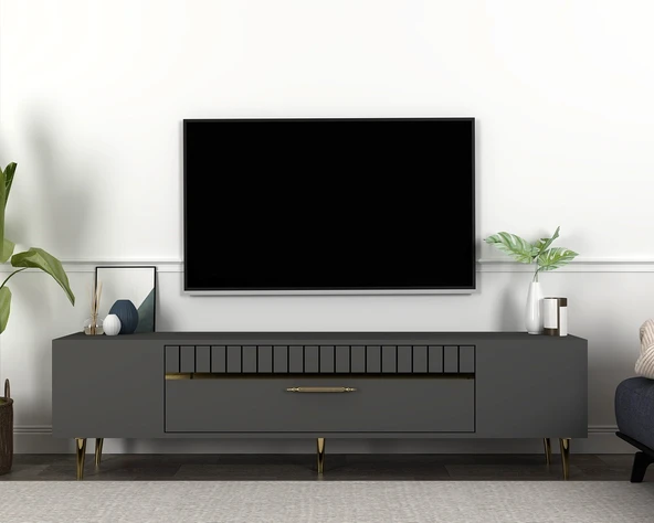 Zerka concept Bakü Tv Sehpası Tv Ünitesi 150 Cm Antrasit Altın ürün görseli 1