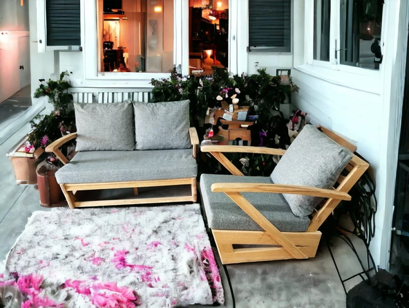 Zerka concept Monza Bahçe Balkon Masif Kestane Ahşap Kollu Koltuk - 2+1 Gri ürün görseli 1