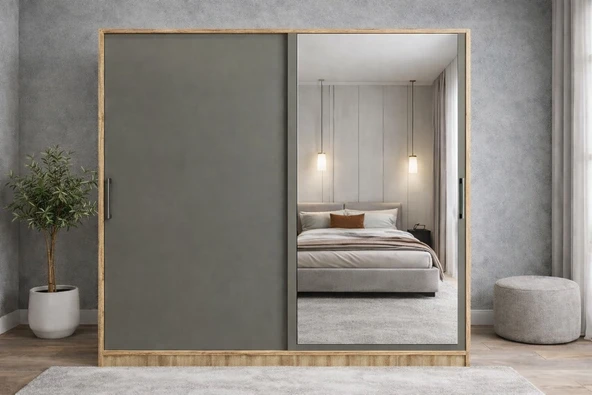 Zerka concept Zen Sürgü Kapaklı Dolap Gardırop Çam Füme 140cm - Montaj Dahil ürün görseli 1