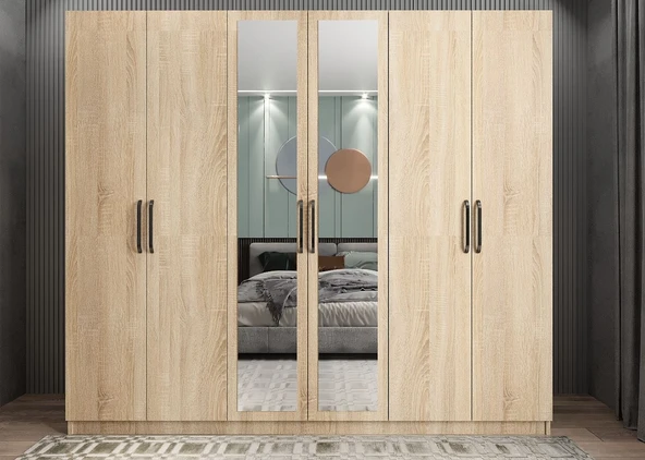 Zerka concept Kayra 6 Kapaklı Gardırop Dolap Meşe - Montaj Dahil ürün görseli 1