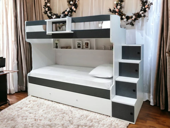 Zerka concept Sardunya Mdf Yavrulu Seyyar Merdivenli Ranza Antrasit Beyaz M2 90 x 190 CM ürün görseli 1