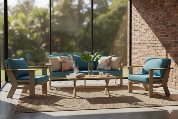 Zerka concept Monteras Alüminyum Oturma Grubu Bahçe Balkon Koltuk Takımı 3+1+1+masa Bej ürün görseli 1