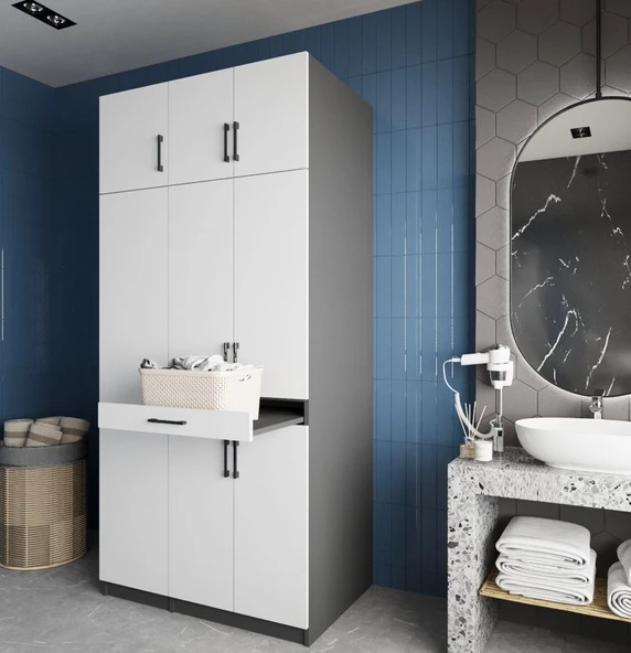 Zerka concept Vita Çamaşır Ve Kurutma Makinesi Dolabı Banyo Dolabı Füme Beyaz Antrasit - Beyaz ürün görseli 1