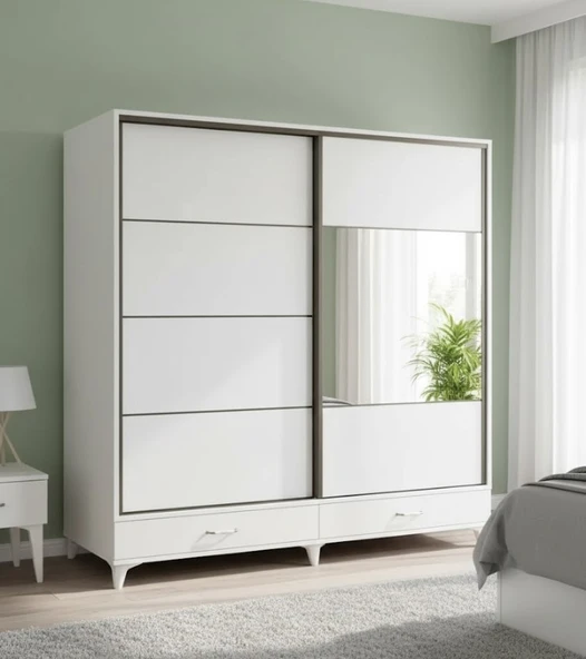 Zerka concept Güneş Sürgülü Dolap Gardırop Çekmeceli Beyaz 180 Cm ürün görseli 1