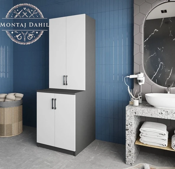 Zerka concept Aspen Çamaşır Ve Kurutma Makinesi Dolabı Banyo Dolabı Füme Beyaz Antrasit - Beyaz ürün görseli 1