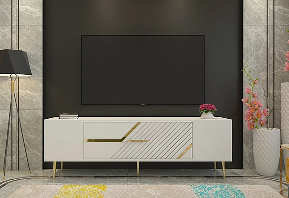 Zerka concept Ufa Tv Sehpası Tv Ünitesi 150 Cm Beyaz Altın ürün görseli 1