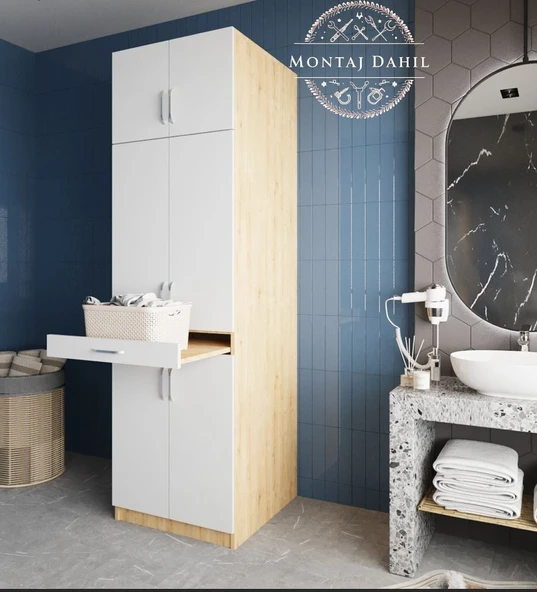 Zerka concept Piramit Çamaşır Ve Kurutma Makinesi Dolabı Banyo Dolabı Meşe Beyaz Beyaz - Meşe ürün görseli 1