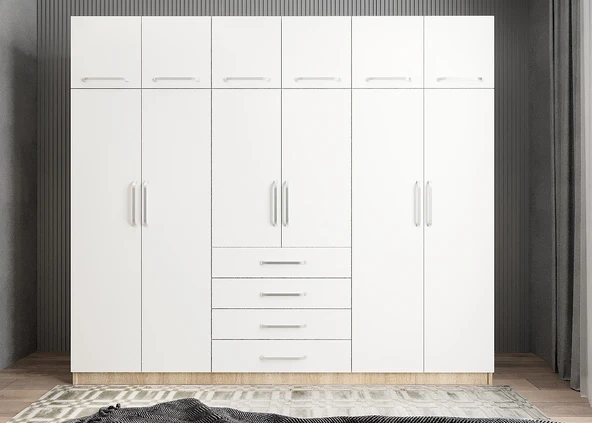 Zerka concept Biray 6 Kapaklı Gardırop Dolap Meşe Beyaz 270 Cm - Montaj Dahil ürün görseli 1
