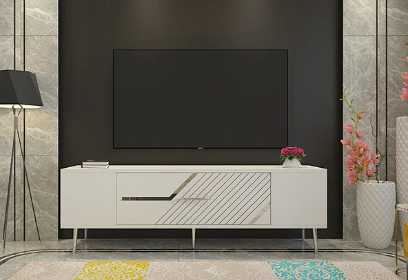 Zerka concept Ufa Tv Sehpası Tv Ünitesi 150 Cm Beyaz Gümüş ürün görseli 1