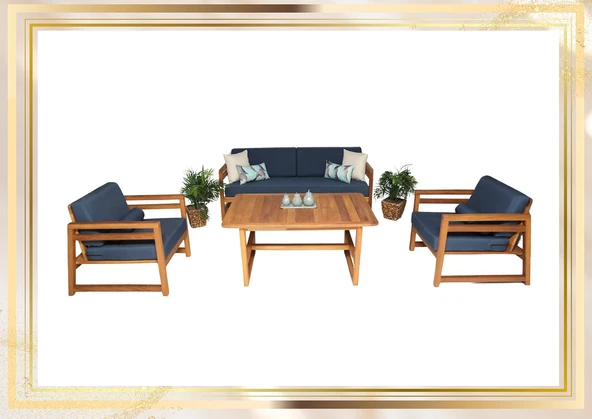 Zerka concept Gamze Masif Ahşap İroko Ağacı Oturma Grubu Bahçe Koltuk Takımı 3+1+1+Masa Mavi ürün görseli 1