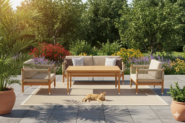 Zerka concept Estella Masif Ahşap İroko Ağacı Bahçe Balkon Oturma Grubu 3+1+1+masa Ahşap ürün görseli 1