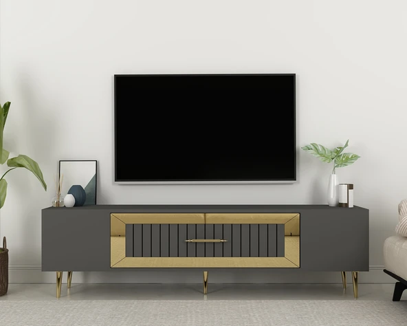 Zerka concept Lahor Tv Sehpası Tv Ünitesi 150 CM Antrasit Altın ürün görseli 1