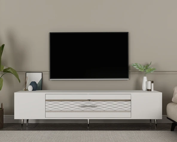 Zerka concept Aşkabat Tv Sehpası Tv Ünitesi 150 Cm Beyaz Gümüş ürün görseli 1