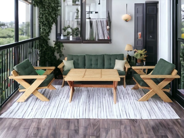 Zerka concept Berlin Masif Ahşap Koltuk Takımı Kestane Ağacı-3+1+1+masa Haki ürün görseli 1