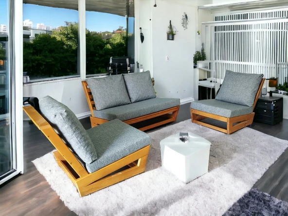 Zerka concept Nepal Bahçe Balkon Masif Kayın Ahşap Koltuk Takımı -2+1+1 Gri ürün görseli 1