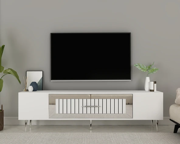 Zerka concept Lahor Tv Sehpası Tv Ünitesi 150 Cm Beyaz Gümüş ürün görseli 1