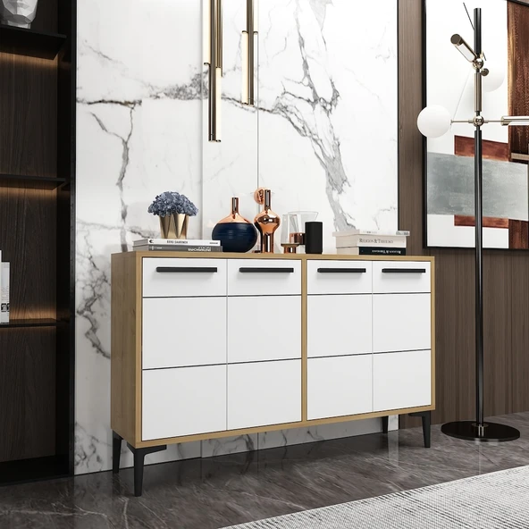 Zerka concept Zerkaconcept Marden Konsol Tv Sehpası Tv Ünitesi Meşe Gövde Beyaz Kapak ürün görseli 1
