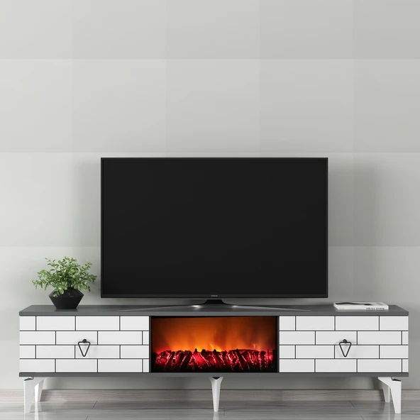 Zerka concept Volcanos Şömineli Tv Sehpası Tv Ünitesi Antrasit Beyaz ürün görseli 1