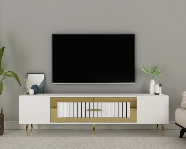 Zerka concept Lahor Tv Sehpası Tv Ünitesi 150 Cm Beyaz Altın ürün görseli 1