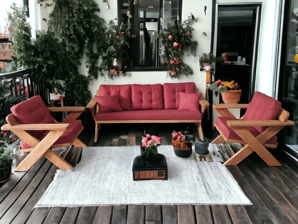 Zerka concept Berlin Masif Ahşap Koltuk Takımı Kestane Ağacı - 3+1+1 Bordo Kt Bordo ürün görseli 1