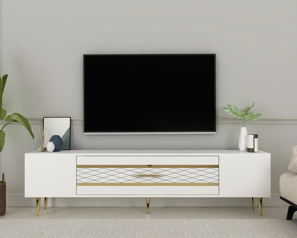 Zerka concept Aşkabat Tv Sehpası Tv Ünitesi 150 Cm Beyaz Altın ürün görseli 1