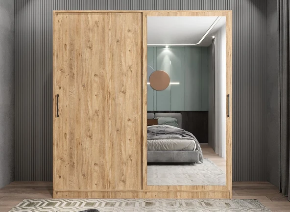 Zerka concept Star Sürgü Kapaklı Gizli Çekmeceli Dolap Gardırop Çam 160 Cm ürün görseli 1