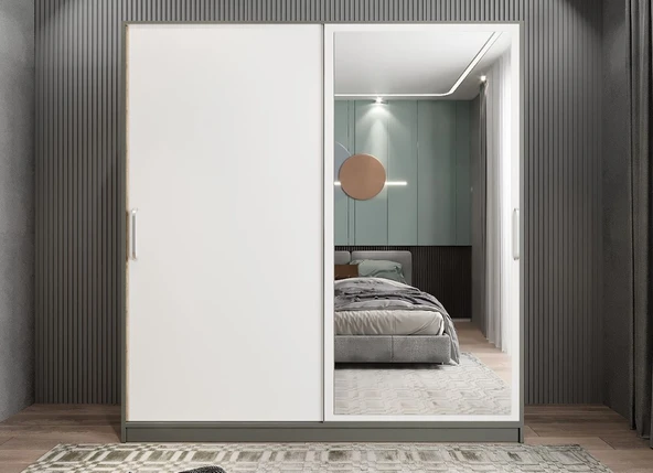 Zerka concept Star Sürgü Kapaklı Gizli Çekmeceli Dolap Gardırop Füme Beyaz 140 Cm ürün görseli 1