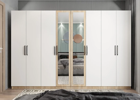Zerka concept Terra 8 Kapaklı Dolap Gardırop Meşe Beyaz ürün görseli 1