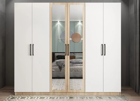 Zerka concept Alessi 6 Kapaklı Dolap Gardırop Meşe Beyaz - Montaj Dahil ürün görseli 1