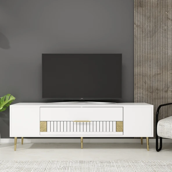 Zerka concept Pencap Tv Sehpası Tv Ünitesi 150 Cm Beyaz Altın ürün görseli 1