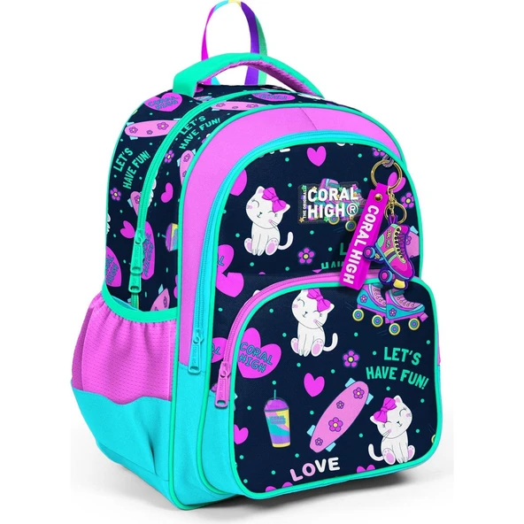 Coral High Kids Lacivert Pembe Kedili Paten Desenli Üç Bölmeli Okul Sırt Çantası 23658 ürün görseli 1