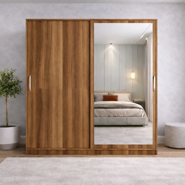 Zerka concept Zen Sürgü Kapaklı Dolap Gardırop Ceviz 140cm ürün görseli 1