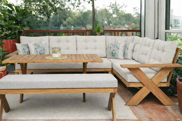 Zerka concept Berlin Masif Ahşap Bahçe Balkon Köşe Koltuk Takımı Kestane Ağacı Krem - Masalı Ve Benchli Krem ürün görseli 1