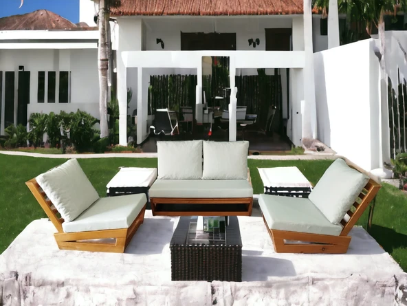 Zerka concept Nepal Bahçe Balkon Masif Kayın Ahşap Koltuk Takımı- 2+1+1 Krem ürün görseli 1
