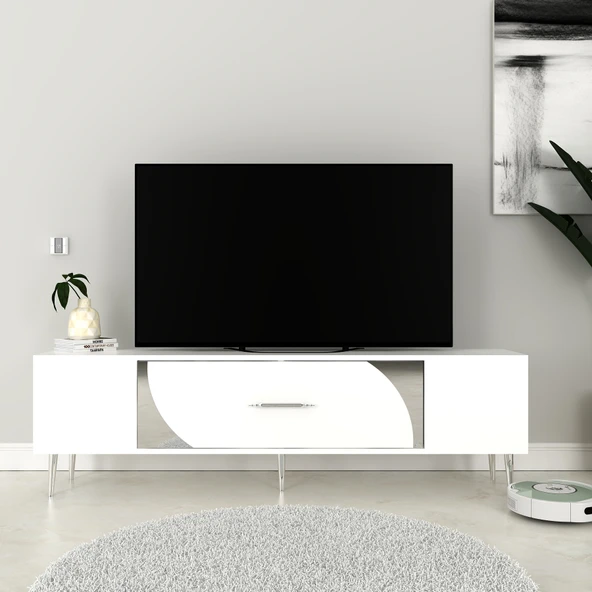 Zerka concept Şeki Tv Sehpası Tv Ünitesi 150 Cm Beyaz Gümüş ürün görseli 1