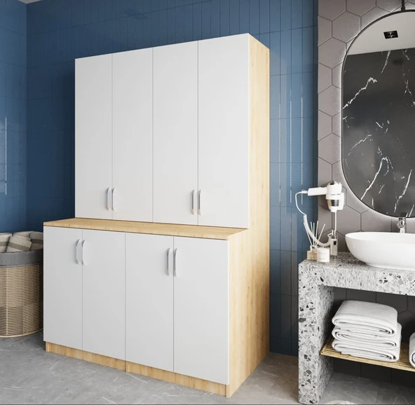 Zerka concept Maven Çamaşır Ve Kurutma Makinesi Dolabı Banyo Dolabı Meşe Beyaz Meşe - Beyaz ürün görseli 1