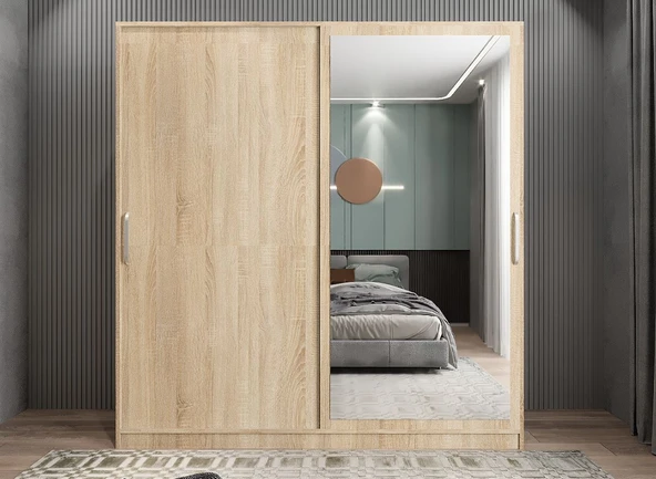 Zerka concept Star Sürgü Kapaklı Gizli Çekmeceli Dolap Gardırop Meşe 140 Cm ürün görseli 1